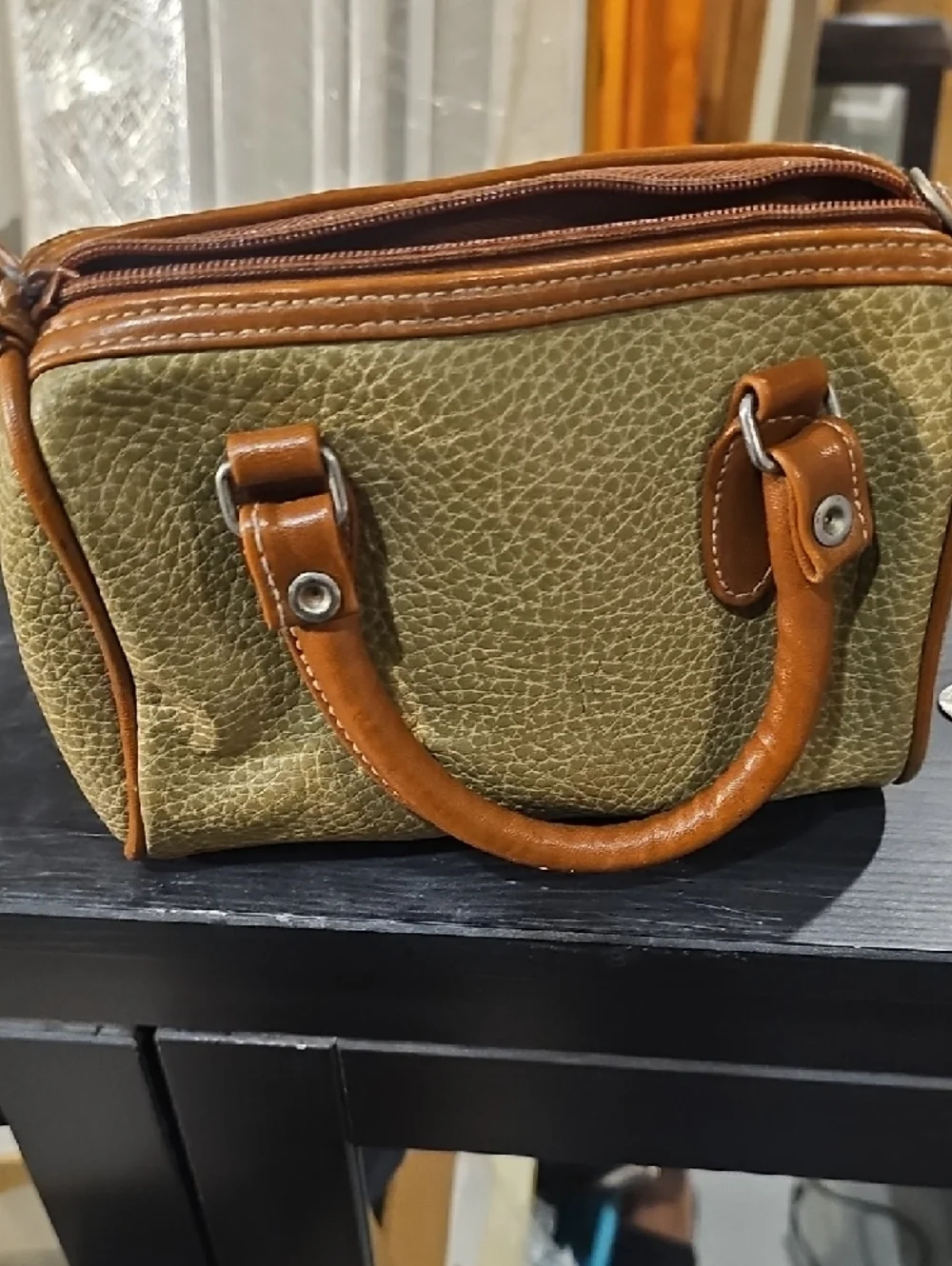 Olive Green & Tan Leather Accent Satchel - Picture 2 of 3